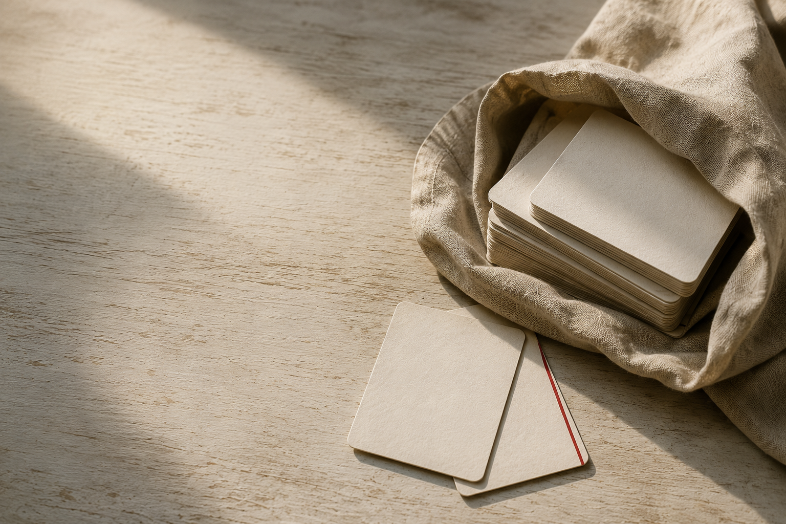 Carte di carta chiara raccolte in un panno di lino, su un piano di legno consumato